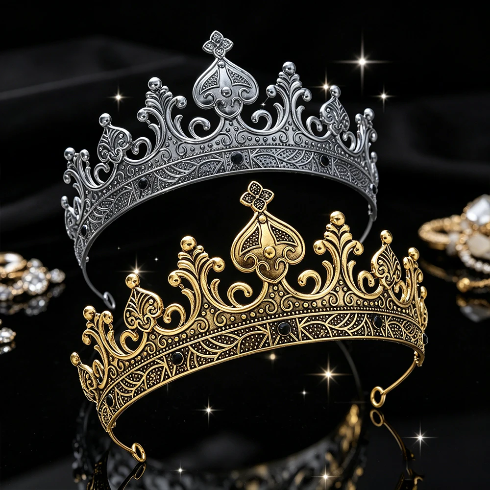 Retro Court Antique Gold Silver King's Crown Royal Tiara Gothic Headdress Wedding Ball Medieval Role-Playing Hair Accessory