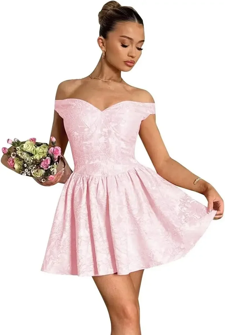 

Custom Made Off Shoulder Satin Homecoming Dresses Jacquard Strapless Short Prom Dress A Line Party Dress Cocktail Graduation Dre