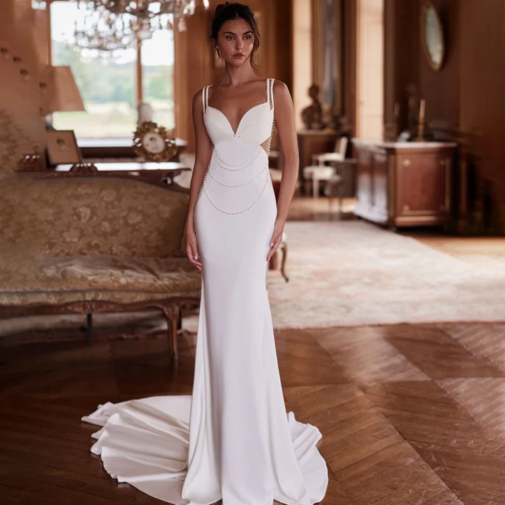 

Customized Button Wedding Dresses Elegant N-neck Spaghetti Strap For Women Charming Beading Bridal Gowns Vestidos De Novia