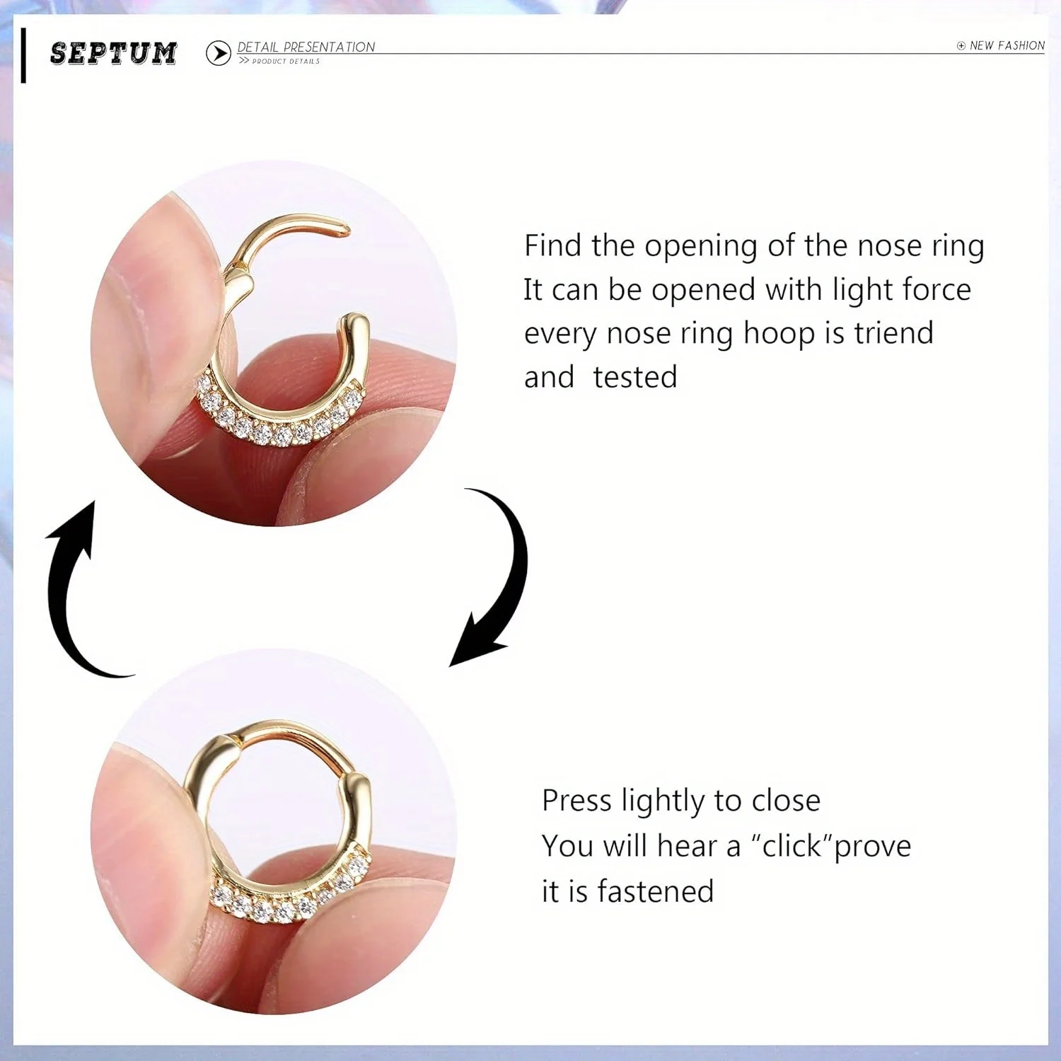 Drperfect 316L Stainless Steel Septum Rings Opal Daith Nose Rings CZ Cartilage Tragus Earrings Septum Clicker Piercing Jewerly