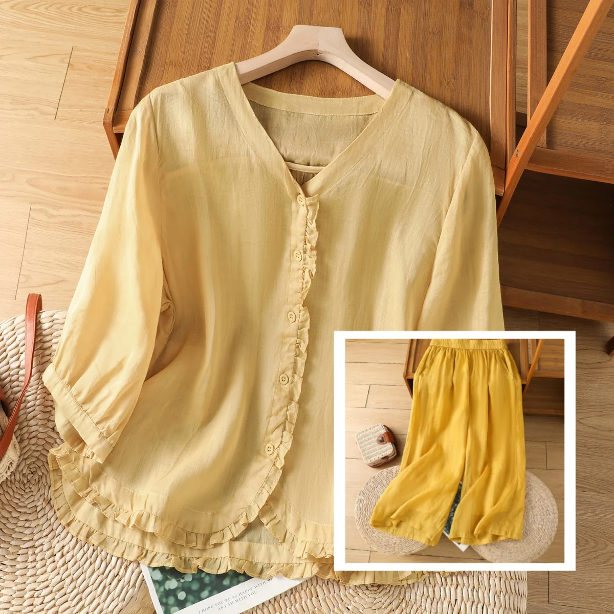 

Элегантный комплект из вышитой блузки и повседневных брюк для женщин, высококачественный, больших размеров, новинка весна-лето, стиль для повседневной носки.