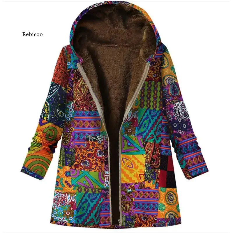 

2022 Autumn Women's Jacket With Velvet Totem Printed Long Sleeve Thin Fleece Coat Hooded Collar Patchwork Plus Size Outwear Top