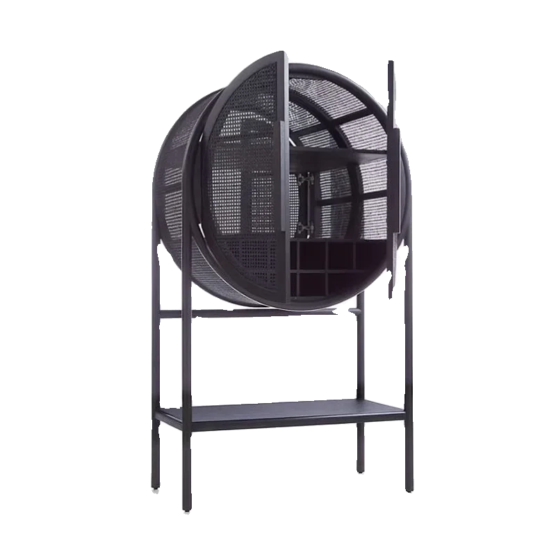 

Nordic solid wood rattan dining side cabinet small apartment living room retro round locker bedroom porch cabinet storage wine c