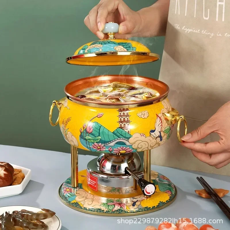 Portable Mini Copper Hot Pot Single Serve Enamel Coated Small Soup Pot with Alcohol Stove for Outdoor Camping Home Kitchen