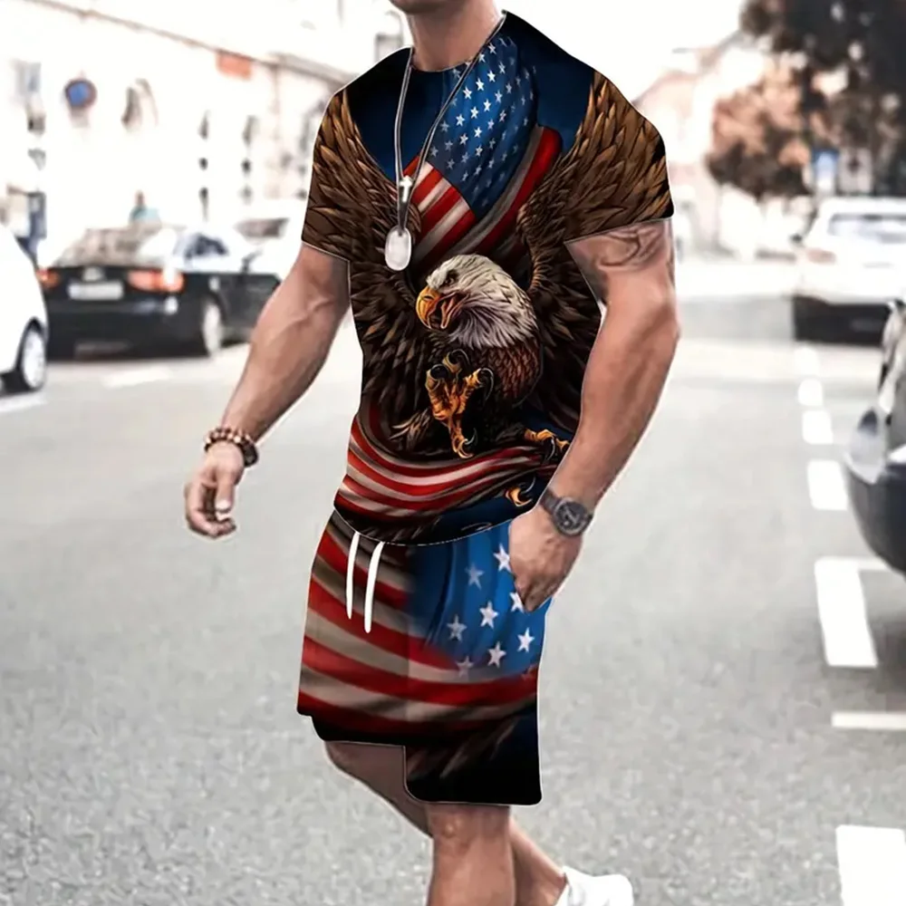 Fashionable Men's Short Sleeve T-Shirts Shorts Set Sportwear Round Neck 3d Eagle Print Top & Drawstring Shorts Men's 2-Piece Set