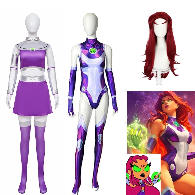 Starfire Superhero Jumpsuit Zentai Bodysuit Halloween Anime Cosplay Costume Sexy Women Carnival Party Outfits Top Skirt Cloak