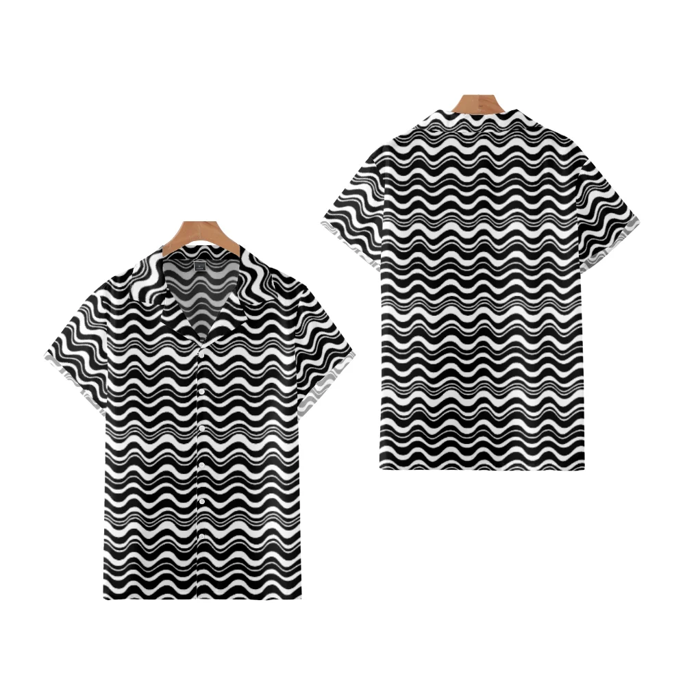 

New Men's shirt Black And White Wavy Stripes short-sleeved Cuban oversized Hawaiian top 3d y2k Summer Vacation