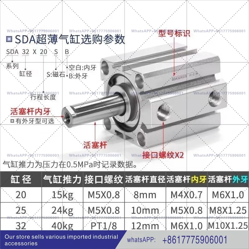 Pneumatic small thin cylinder SDA20X25/32X40*5X10X15X30X35X40