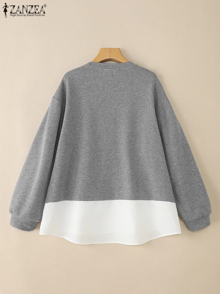 ZANZEA Mode Vrouwen Sweatshirts 2025 Herfst Patchwork Trui Casual O Hals Lange Mouw Tops Hoodies Nep 2 Stuks Sweatshirt