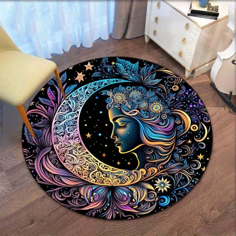 

Round Crystal Velvet Rug MoonGoddess Mandala Art Floor Mat Boho Spiritual Decor Colorful Mythical WomanPatternRoundCarpetforHome