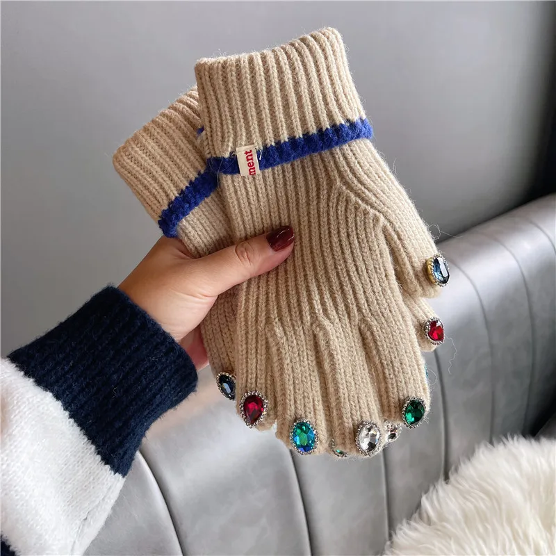 Frauen Winter Warme Gestrickte Volle Finger Handschuhe Solide Wolle Luxus Strass Mädchen Mode Touchscreen Fäustlinge Weibliche Drving – Detail 14