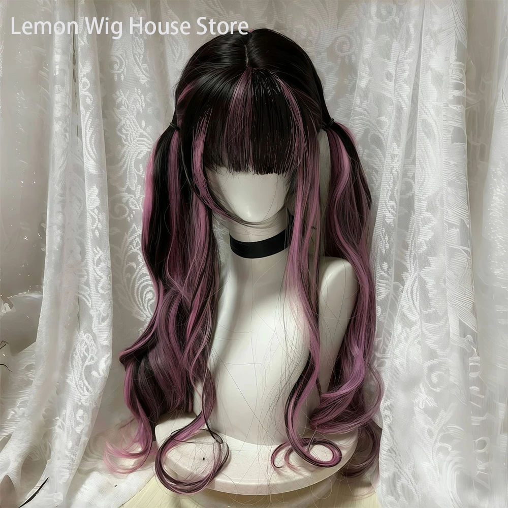 Picture 4: Black Wig with Pink Cosplay Wigs with Bangs  Lolita Long Curly Hair Wig Woman Party Cosplay Wig Natural Heat Resistant