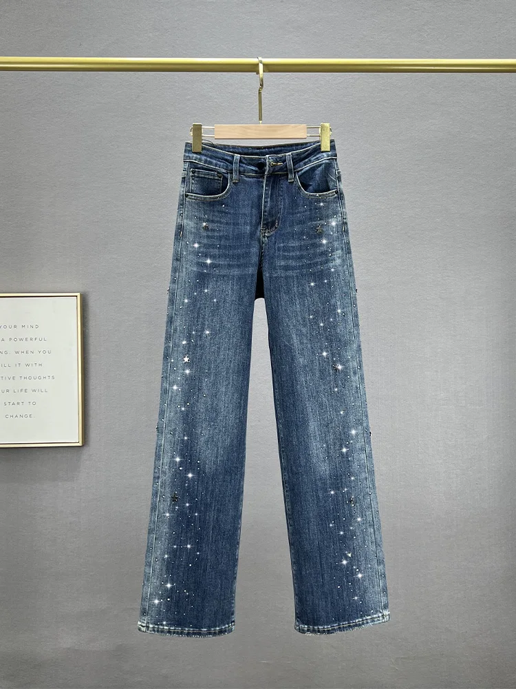 

Trendy High Waist Wide Leg Jeans Women's Loose Fit Diamond Embellied Cotton Stretch Denim Long Pants Autumn Season