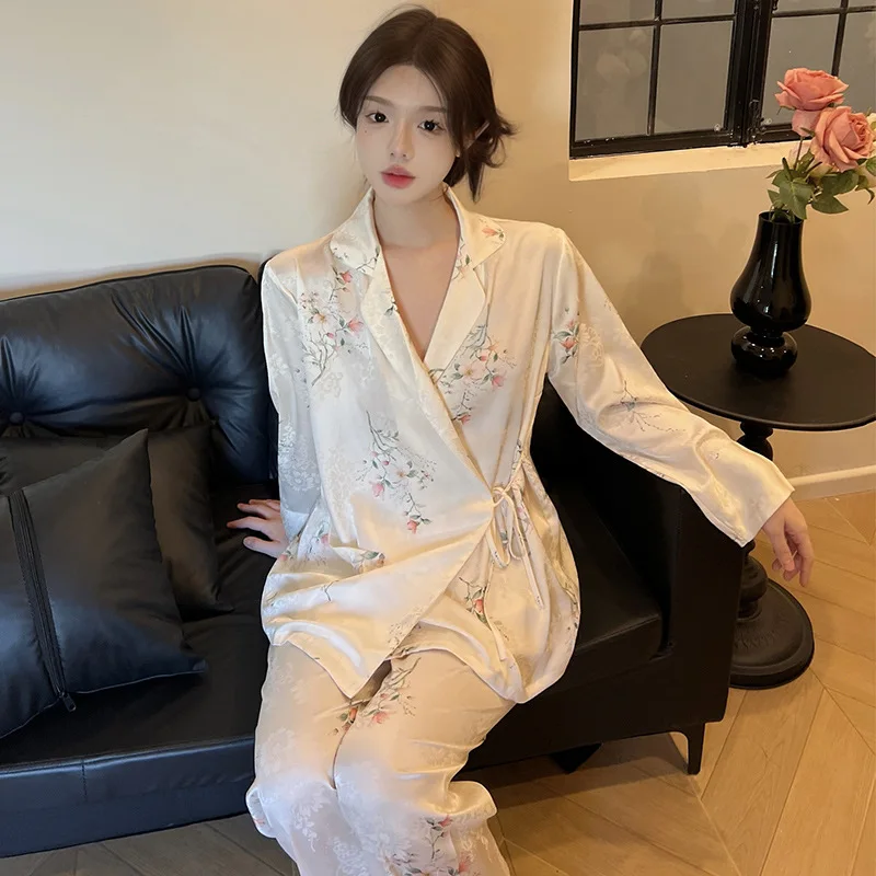 New Chinese Style Female Pajamas 2PCS Set Sleepwear Print Flower Long Sleeve Trouser Suits Loungewear Loose Ice Silk Home Wear