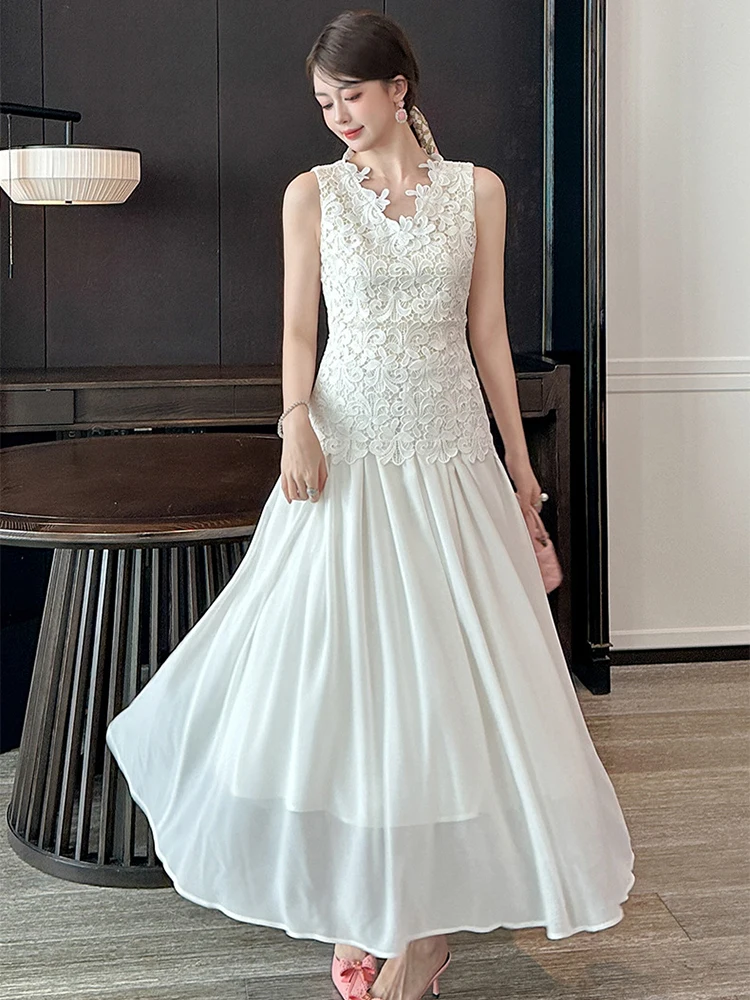 ชุดเดรสยาวสีขาวผ้าชีฟองลูกไม้แขนกุดทรงเข้ารูปสำหรับผู้หญิง สไตล์หรูหรา เหมาะสำหรับงานปาร์ตี้ งานพรอม งานวันเกิด