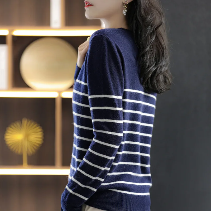 Pure Cotton Line Stripe Pop Sweater Women\'s Spring And Autumn Blouse Round Neck Knit Loose Inside With Outside Wear Bottom SMY18