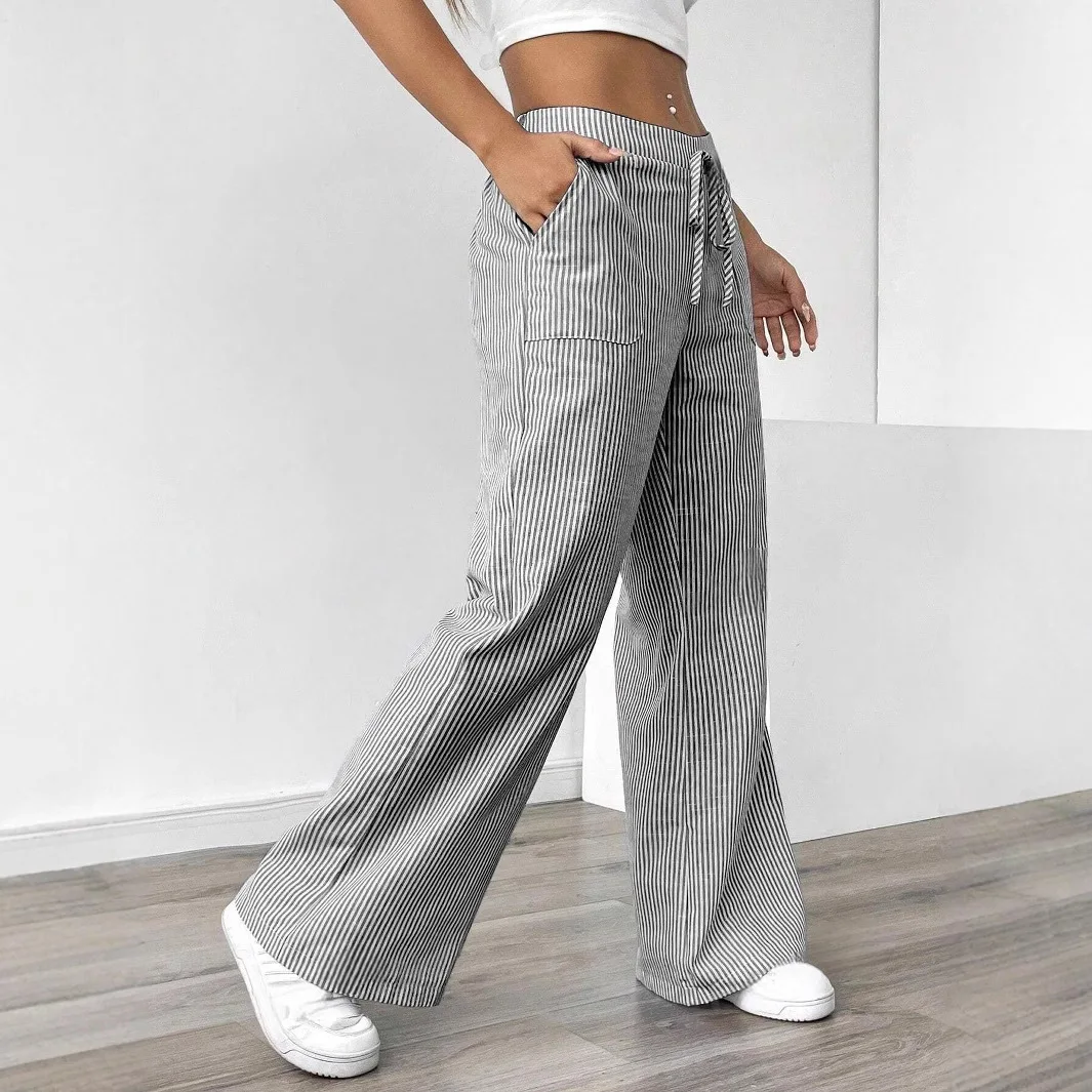 2025 Spring New Striped Casual Versatile Fashion Loose Trousers Wide-legged Women Europe and The United States