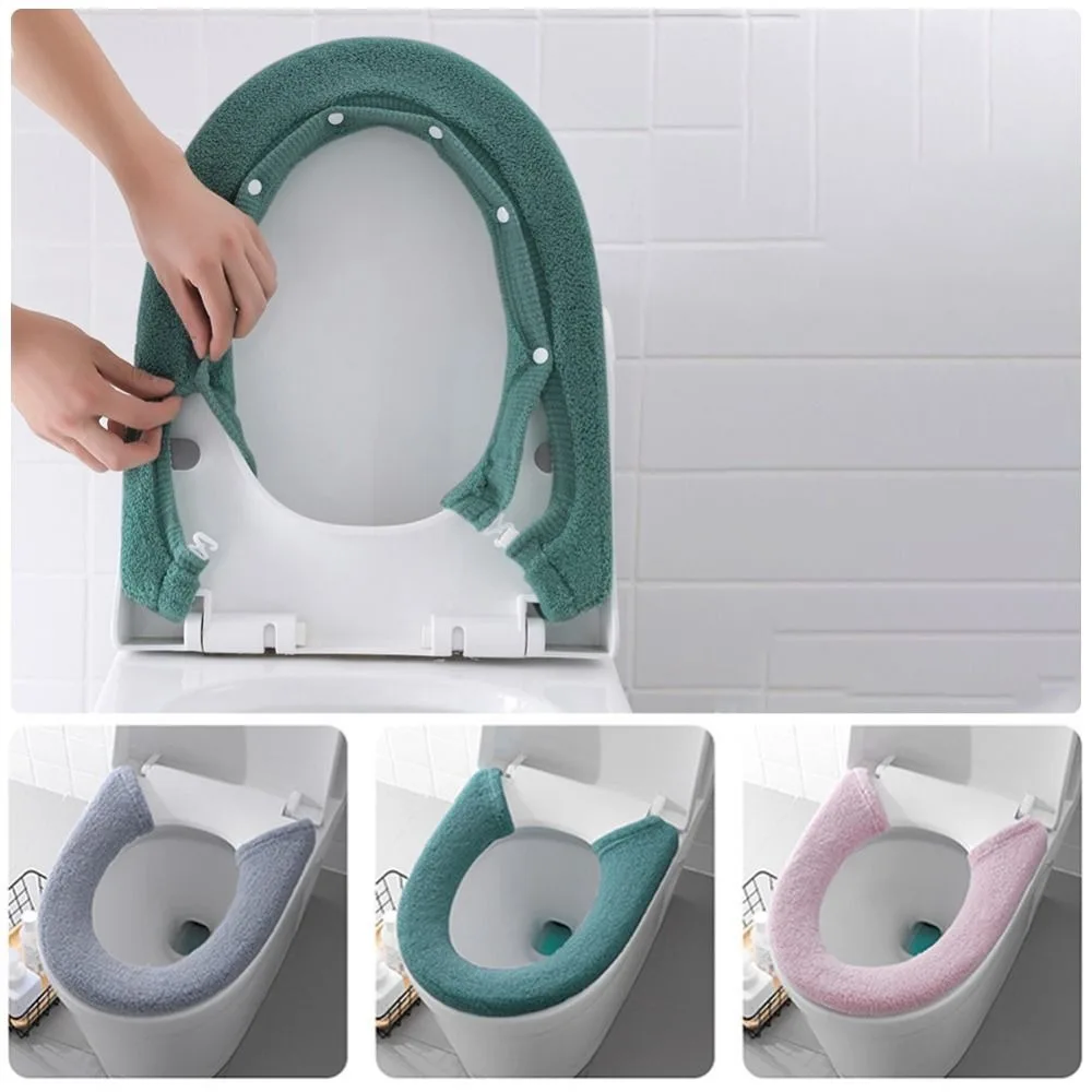 Universal Toilet Cover Soft Thickened Washable Closestool Mat Button Pure Color Toilet Seat Cover Bathroom