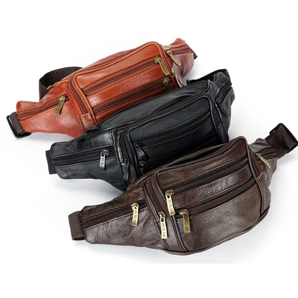 Leather Chest Shoulder Fashion Waist Bags Outdoor Shopping Men s Fanny Pack Belt Running Travel Pouch Red Brown