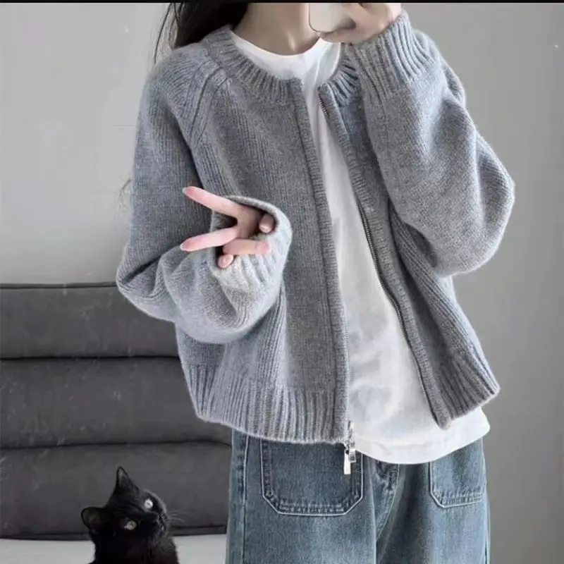 

Autumn Winter Short Knitting Cardigan Women Solid Color Long Sleeve Round Neck Sweater Jacket 2026 Casual Zipper Sweater Coats