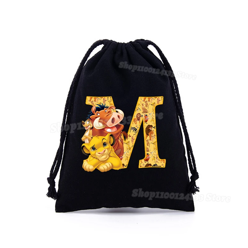 Lion King Simba Drawstring Bag Letters A-Z Disney Pumbaa Cartoon Print Sport Boy Girl Portable Kids Party Hand Pocket Gift Pouch