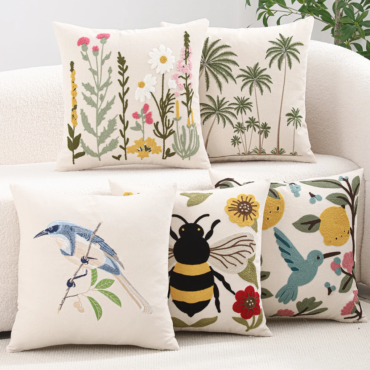 1 piece canvas embroidered throw pillow cover coconut tree summer flower bird bee cushion cover living room bedroom home decor