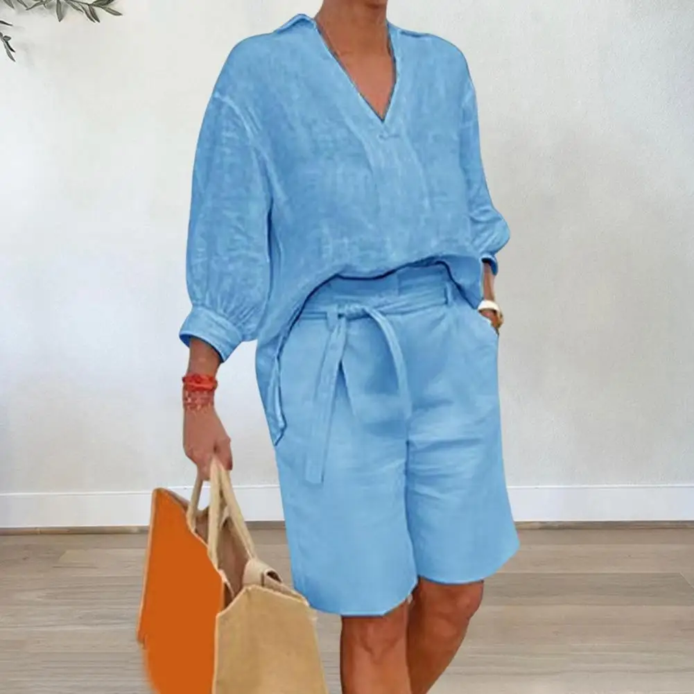 Cotton Linen Women's Two Piece Set Casual V-Neck Half Sleeve Lapel Shirt And Belted Wide Leg Shorts Summer Lounge Set 80%