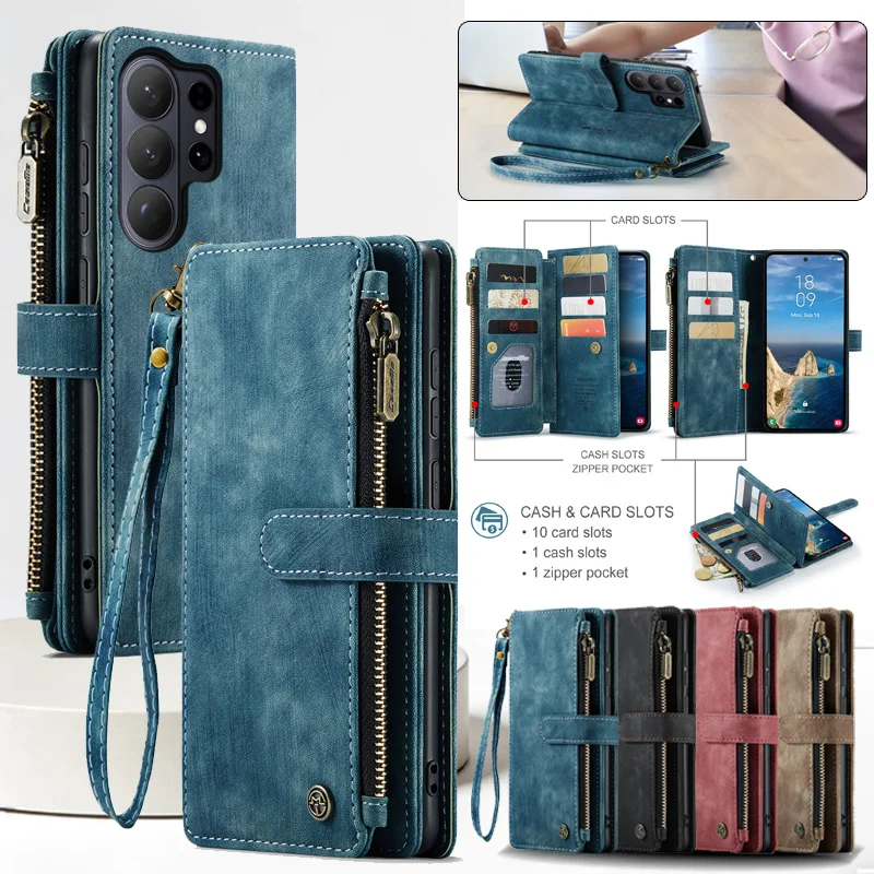 

Wrist Strap Leather Wallet Phone Cases for Samsung Galaxy S26 Ultra S25 Edge S24 FE S23 S22 S21 S20 Zipper Card Holder Cover Bag