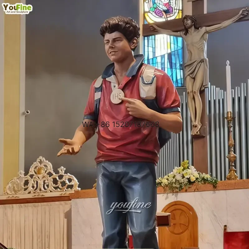 Wmwmnu Life Size Bronze Carlo Acutis Statue Realistic Catholic Saint Religious Sculpture for Church Decoration Handcrafted