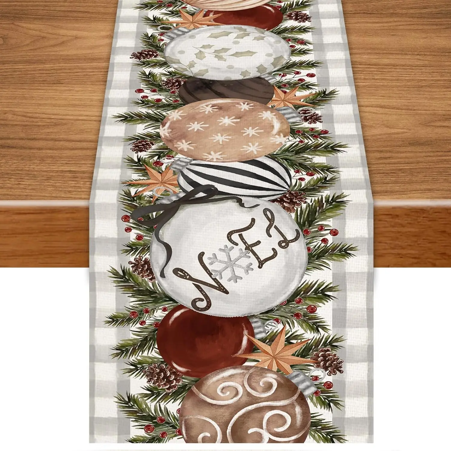 Christmas Balls Pine Berry Buffalo Plaid Table Runner Party Decor Reusable Winter Xmas Dining Table Runners Christmas Decoration