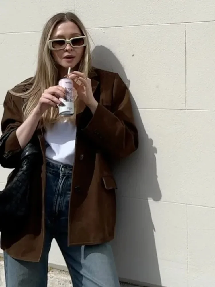

Women's Blazer Suede Jackets Spring 2025 Outerwears Brown Long Sleeve Blazer Vintage Solid Fitted Coat Old Money Jacket