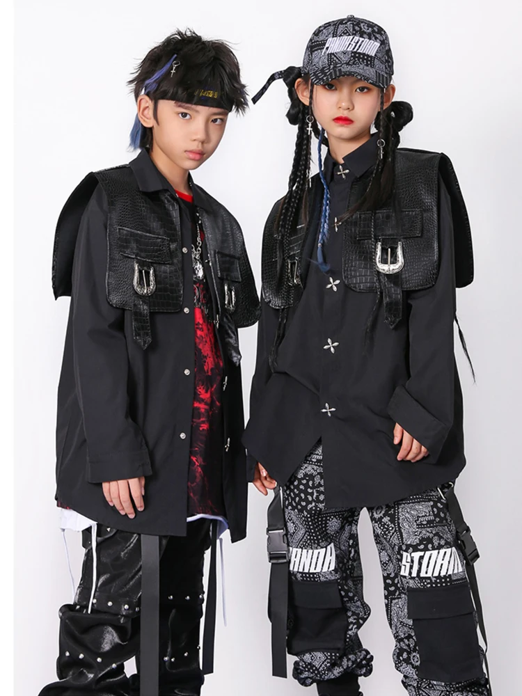 Fashion Children Costume Hip Hop Clothes Black Shirt Pants Leather Performance Outfit Boys Drum Concert Outfit Girls Suit BL9642