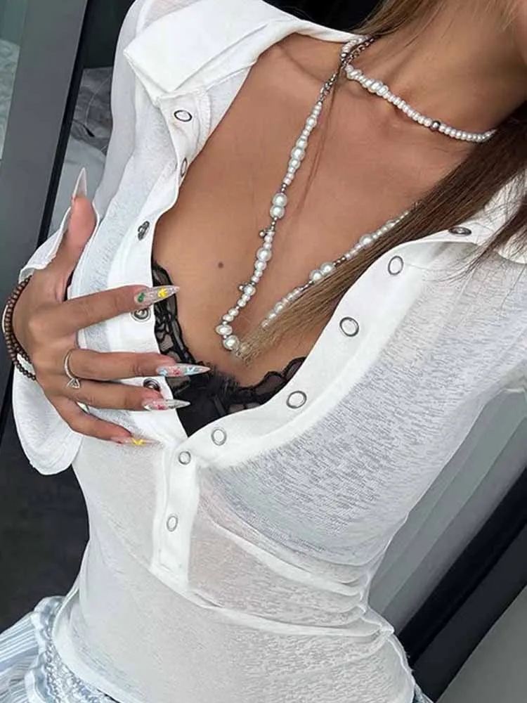 

BKQU Sexy Long Sleeve See Through T-Shirt Women Lapel Single Breasted Slim 2000s Clothes Y2k Tees Female Autumn Street Tee Tops