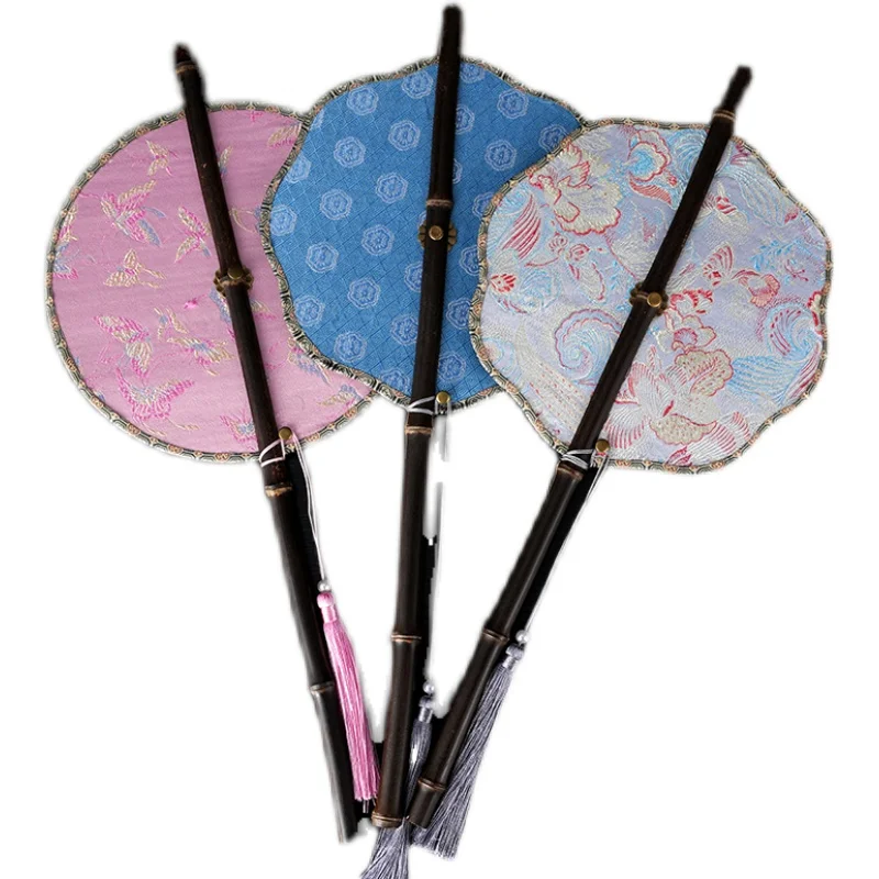 

Ancient style purple bamboo waist fan Hanfu group fan Chinese style long handle fringed rollable folding fan classical portable