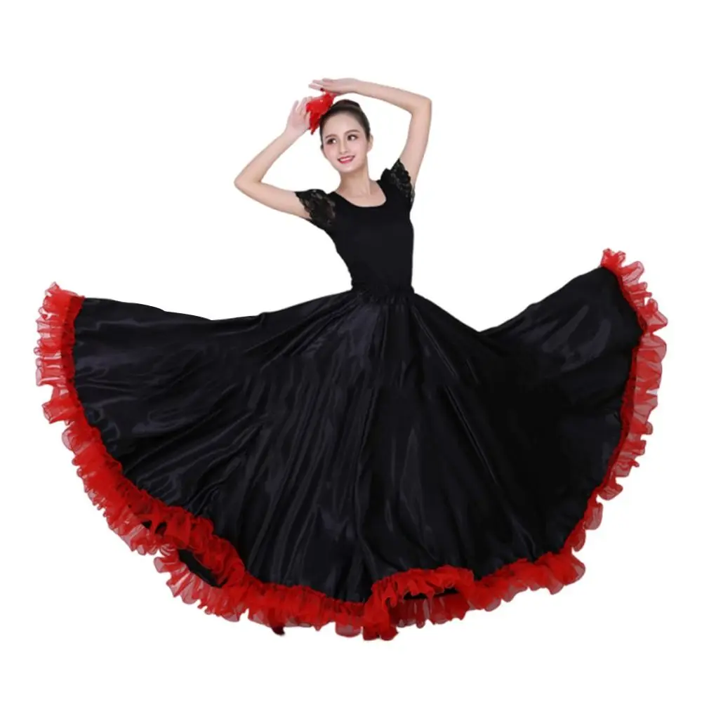 Moda suave espanhol flamenco saia grande balanço poliéster grande balanço saia de salão dança festa cigana saia feminina dança