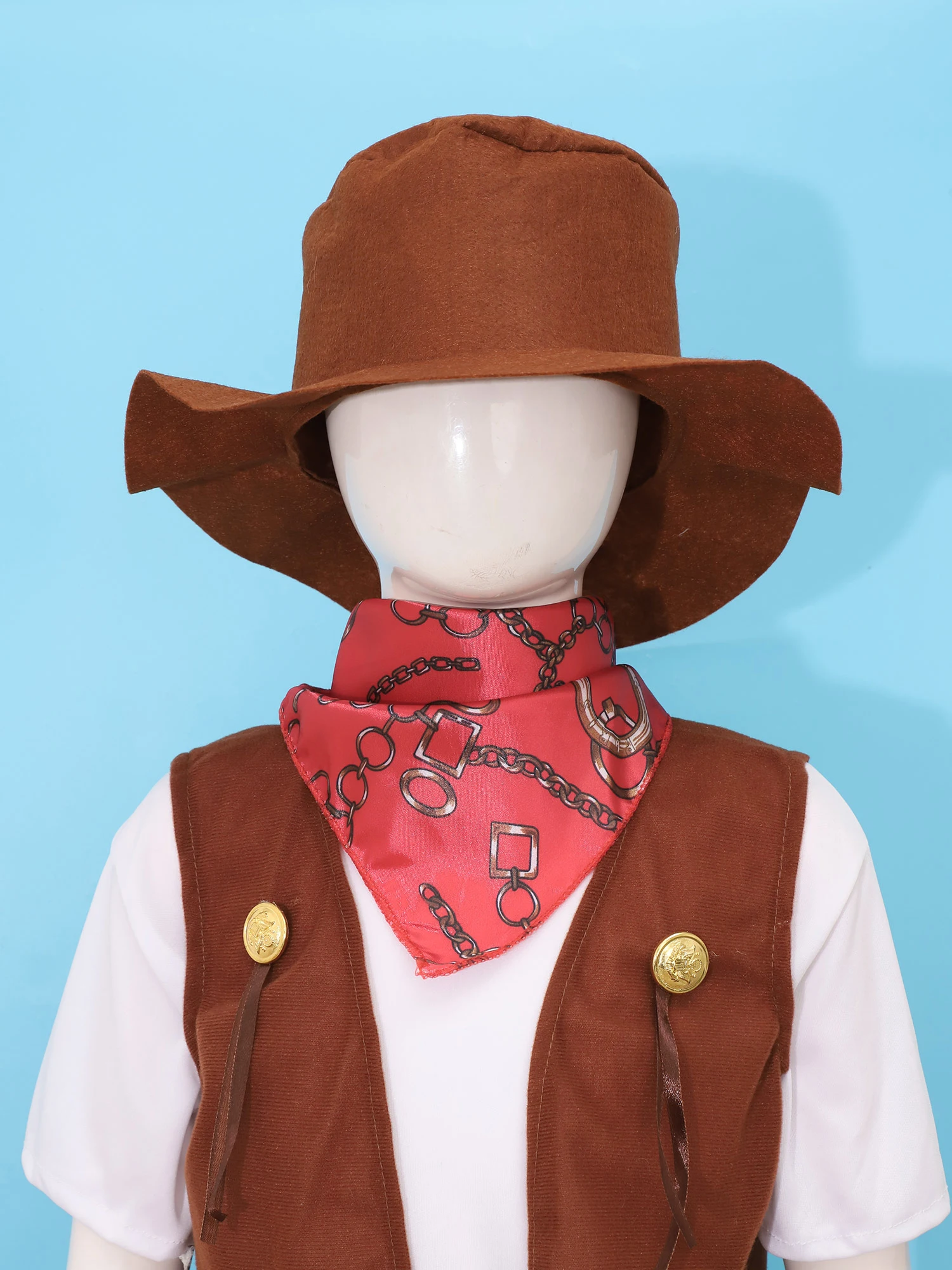6Pcs Boys Western Cowboy Costume Short Sleeve T-shirt with Pants Vest Hat Bandana And Waistband Set Halloween Cosplay Clothes