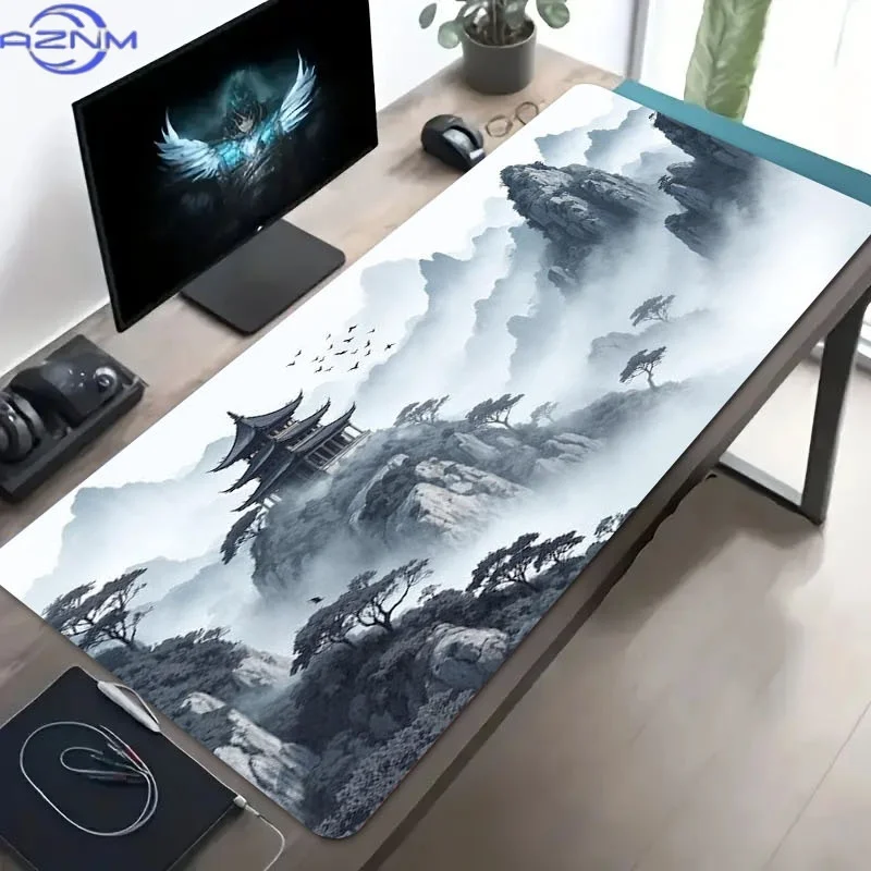 Mouse Pad Featuring an East Asian Landscape, Measuring */Cm, Made of Rubber. It Showcases a Tranquil Design with a Pagoda And Pi
