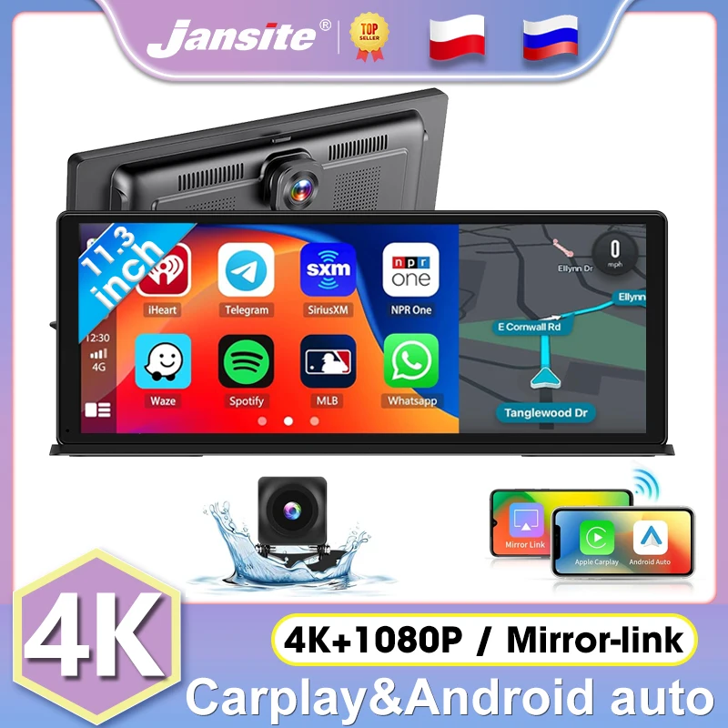 

Jansite 11.3" Car DVR 4K Front and 1080P Rear Camera Dash cam Mirror Recoder IPS Screen Wireless Carplay Android Auto Bluetooth