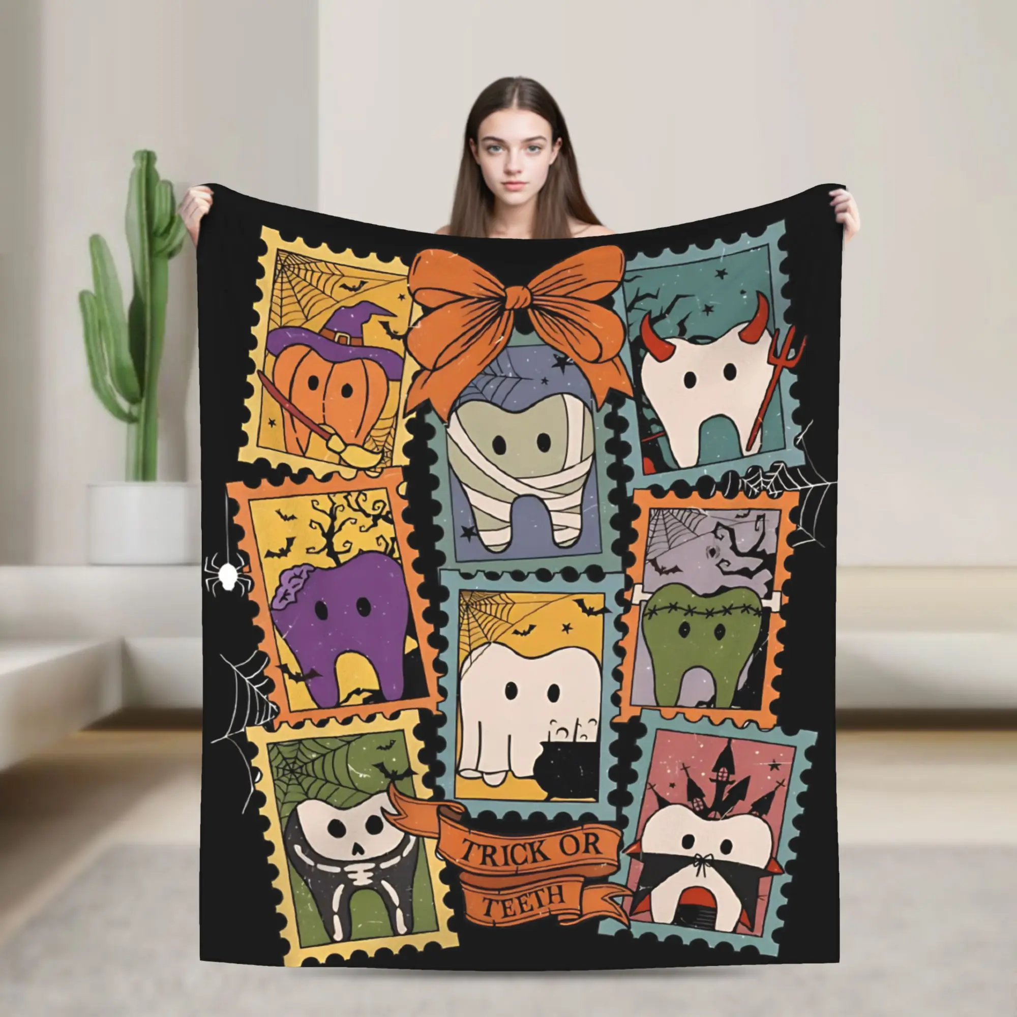 Trick or Teeth Dentist   Blanket Cover Flannel Cartoon Teeth Helloween Super Warm Throw Blankets for Car Sofa Couch Bedspread