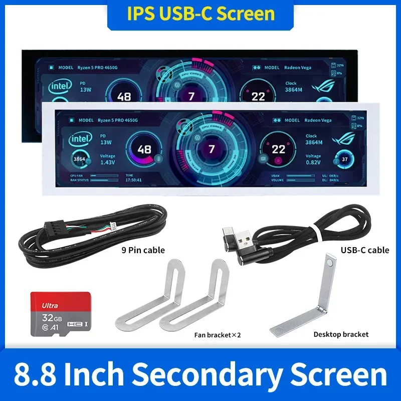 

New! 8.8 Inch IPS USB Secondary Screen Type-C PH Interface Turing Smart Screen CPU GPU RAM Computer Monitor Use TURZX Software