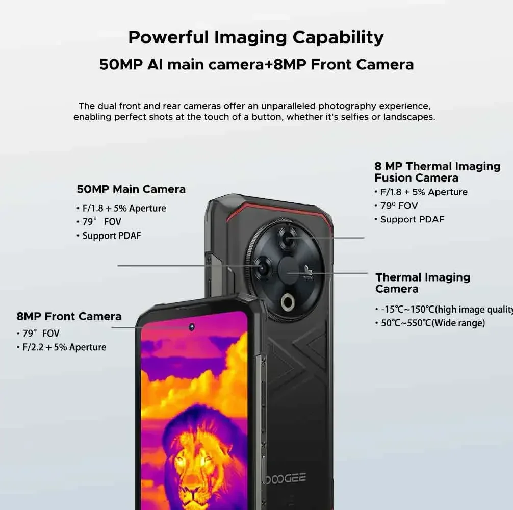 DOOGEE Fire 글로벌 버전 견고한 휴대폰, 열화상 6.56 인치, 90Hz 디스플레이, 10400mAh 배터리, Unisoc T606, 안드로이드 14, 6GB, 256GB