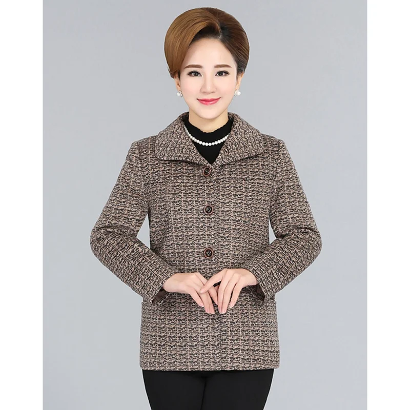 Mothers Tweed Lapel Coat Single Breasted Loose Casual Chic Coffee Color Warm Autumn Winter Middle Aged Women Outerwear