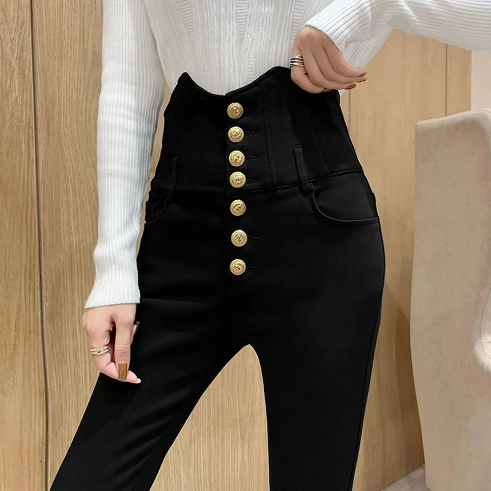 2022 Autumn Spring New Black leggings Casual Elastic High Waist stretch feet pants women\'s Metal Buttons was thin Pencil Pants