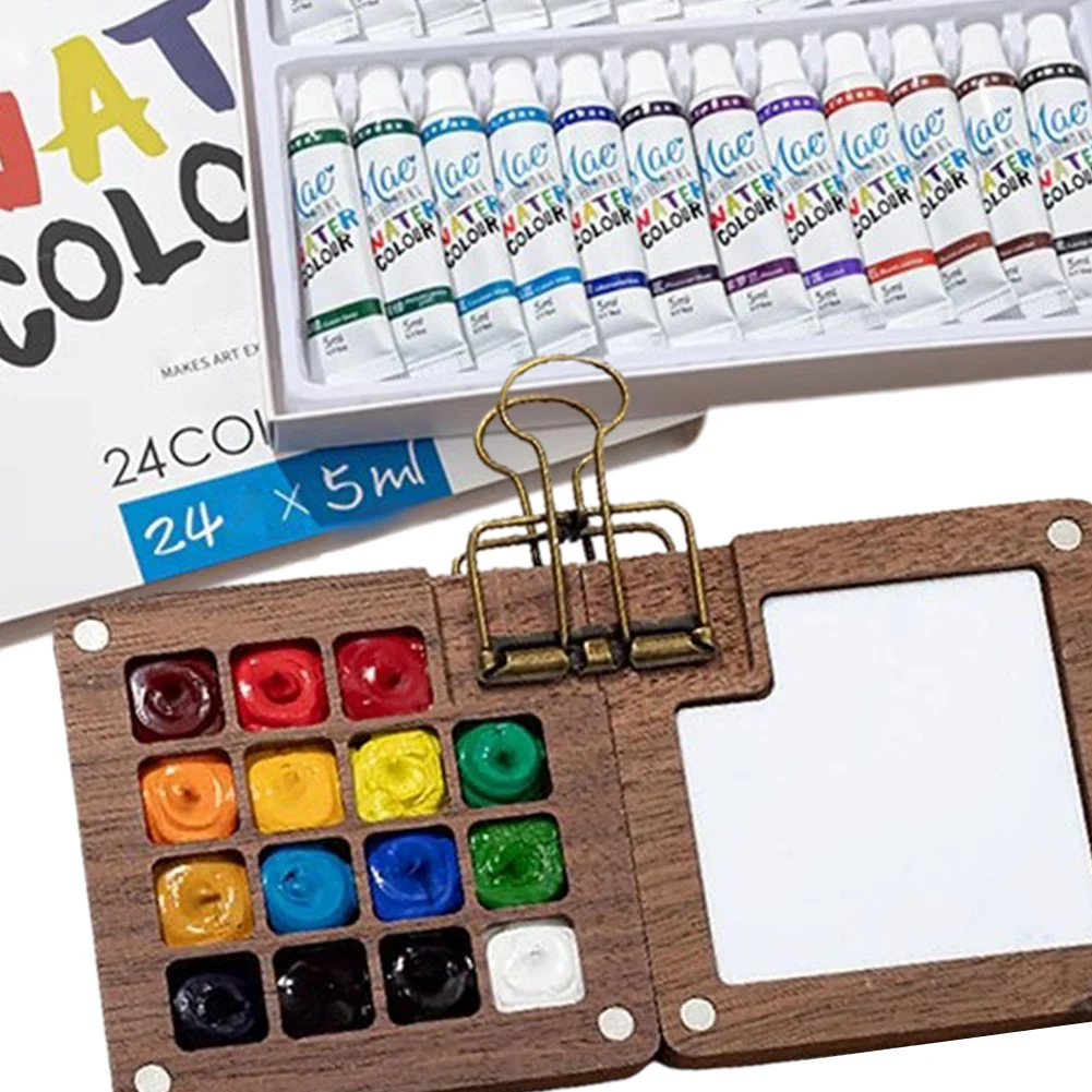 Multi Colors Wooden Grid Paint Box Pocket Artist Travel Paint Palette Mini Watercolor Paint Set for Painters Artists Students