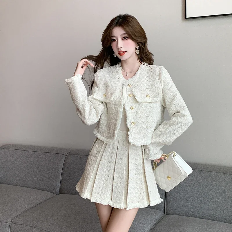 Lnsozkdg Fashion Tweed Jacket 2 Piece Set Women Elegant O-neck Long Sleeve Short Coat + Mini Pleated Skirt Suits Ladies Outfits