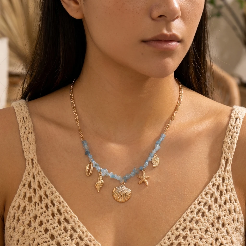 Boho Y2K Süße Muschel-Seestern-Halskette für Frauen, Blaue Unregelmäßige Kiesel-Muschel-Anhänger, Ästhetischer Schmuck, Partygeschenk – Detail 2