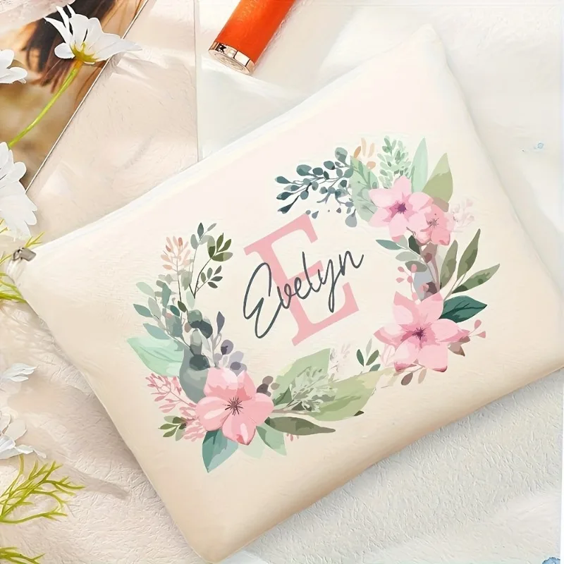 Customized Personalized Watercolor Flower Cosmetic Bag Customizable Name and Letters Beige Background Pink Green Flower Design