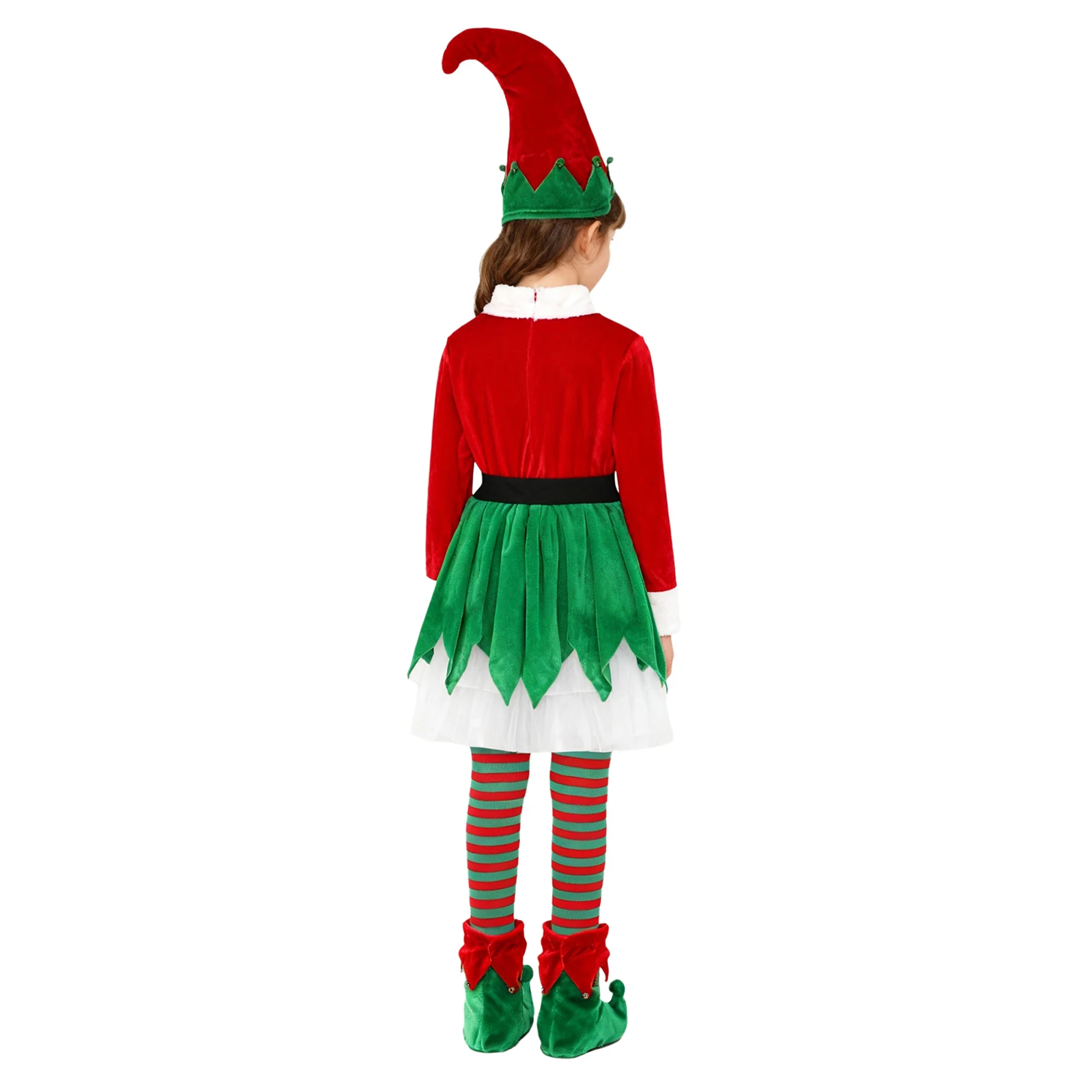 Kids Girls Christmas Elf Santa Helper Cosplay Costume Velvet Tutu Dress with Hat Belt Stocking Shoes Covers for Xmas Carnival