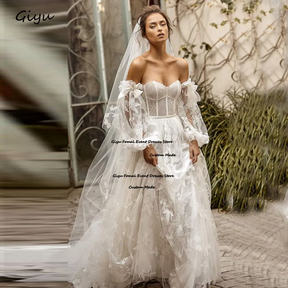 Giyu Fairy Lace Followers Wedding Dress For Woman A-line Sweetheart Collar Floor-Length Vestidos Novias Boda Bridal Gown