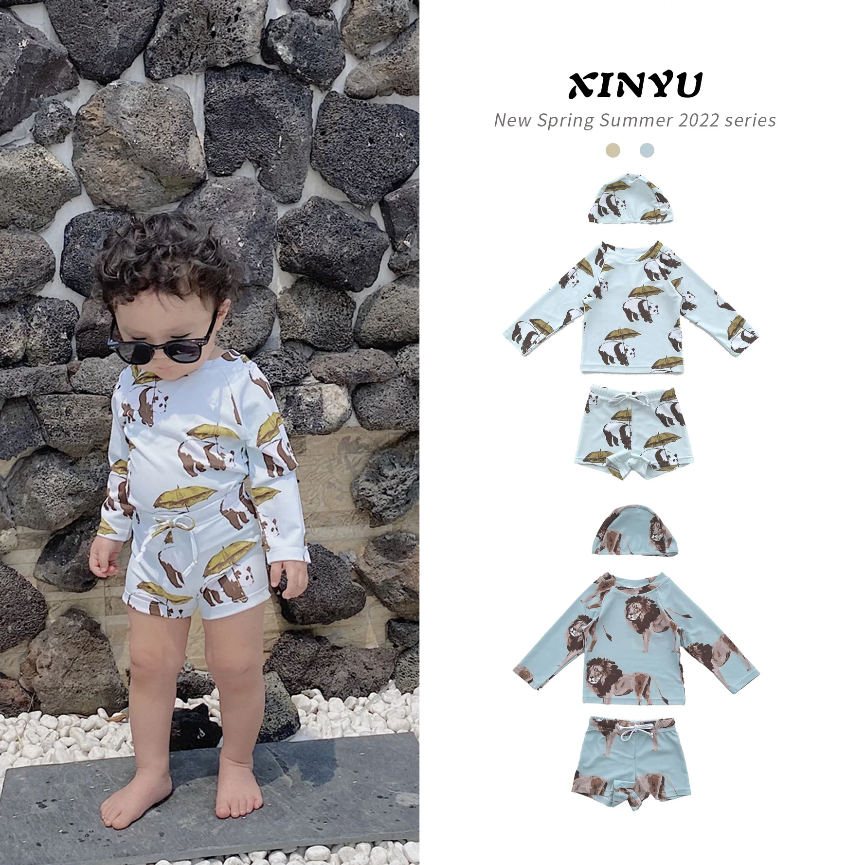 Baby Boys Cartoon Panda Swimwear Swimming Trunks 3 Pcs Set Toddler Kids Long Sleeved Sunscreen Beach Bathing Suit Swimsuit